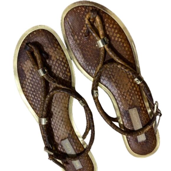 Michael Kors WOMEN’s Brown & Gold Snake Embossed Leather Slingback Flats Sz-8 - Picture 2 of 5